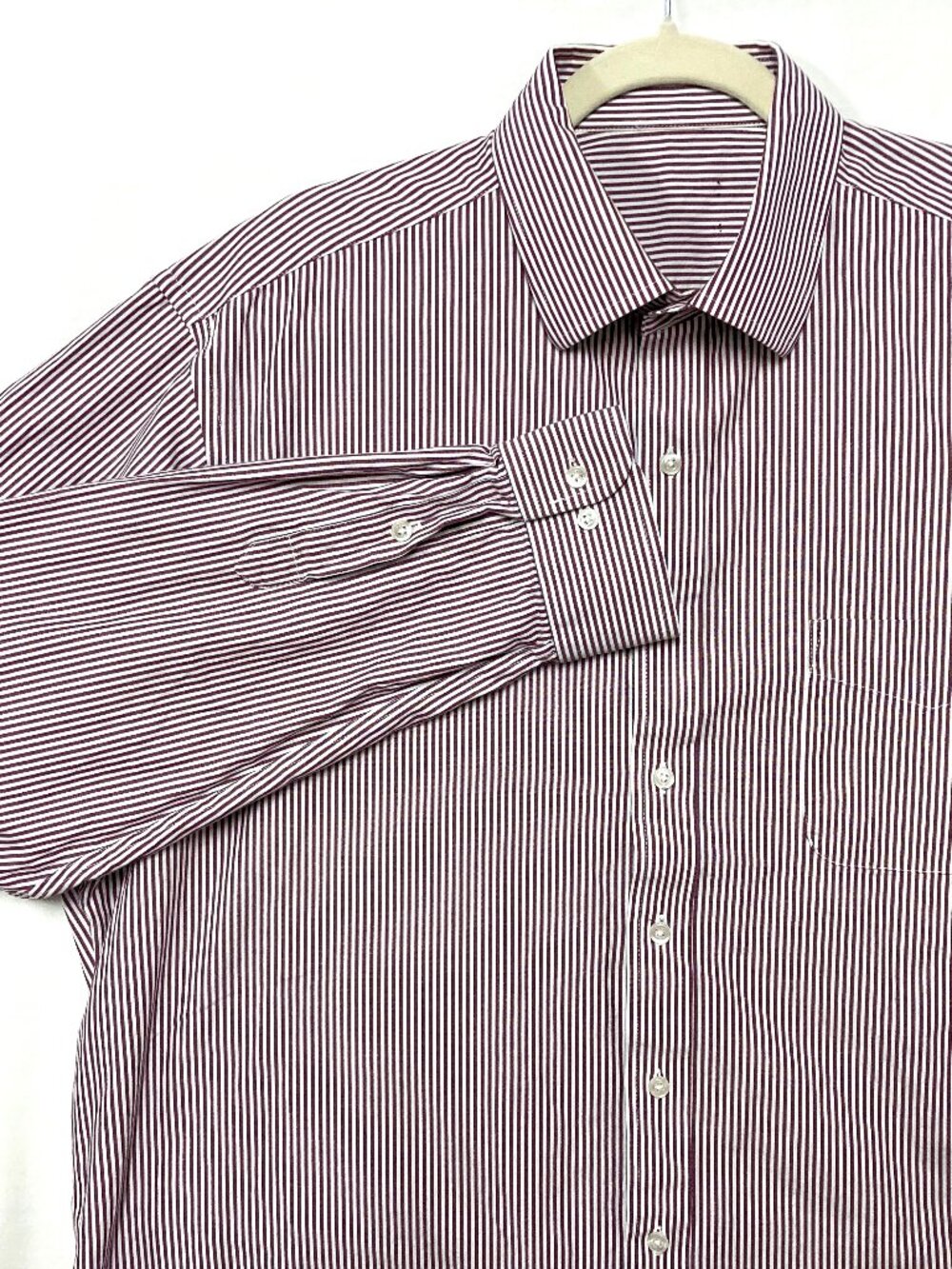 Men's Dress Shirt Club Room size 17.5 x 36 Dark Red White Striped Cotton Button